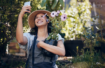 Image showing Florist woman, garden and selfie in nursery, smile and hug plant with excited face for sustainable small business. Girl, entrepreneur and love for plants, growth and nature with post for social media