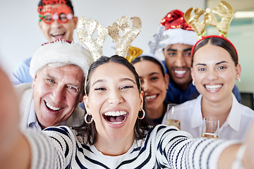 Image showing Selfie, Christmas and portrait of happy business people in office for party, holiday celebration and event. Company, festive and excited men and women take picture for social media, update and memory