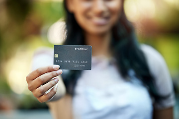 Image showing Woman, outdoor and credit card for payment, shopping or banking with transaction, finance and client. Closeup, female person and customer with ecommerce, investment and savings with discount and deal