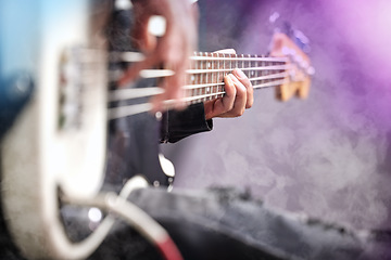 Image showing Guitar, smoke and man hands at music festival show playing rock with electric instrument with mockup. Sound, musician and party with live talent and audio for punk event with people at a concert