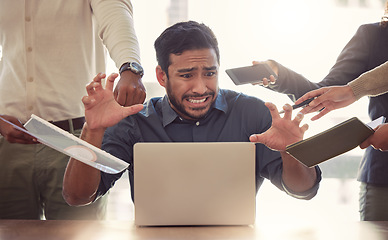 Image showing Stress, laptop and business man multitasking, overworked and challenge in office. Burnout, problem and frustrated male person on computer with crisis, fail and anxiety, chaos and working on deadline.