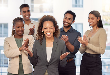 Image showing Portrait, support and applause with a business team clapping for the achievement of a woman colleague in the office. Wow, win and motivation with a group of employees cheering for a female colleague