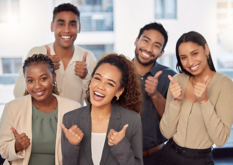 Image showing Portrait, support or thumbs up with a business team celebrating an achievement of a woman leader in the office. Wow, winner and motivation with a group of colleagues employees with a female manager