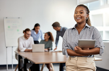 Image showing Smile, boardroom and portrait of a black woman with a tablet for training, meeting or teamwork. Happy, business and a corporate employee with technology in a work office for company planning