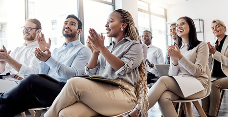 Image showing Support, achievement and applause with business people in a crowd during a training or coaching seminar. Winner, wow and motivation with a team or group of colleagues clapping during a workshop