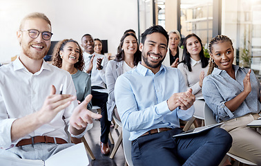 Image showing Portrait, applause and business man in an audience with a group of people clapping for a victory or achievement. Winner, wow and motivation with a team of colleagues in a coaching or training seminar