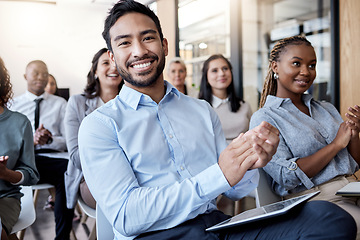 Image showing Portrait, applause and business man in a crowd with a group of people clapping for a victory or achievement. Winner, wow and motivation with a team of employees in a coaching or training seminar