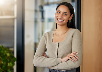 Image showing Portrait, arms crossed and business woman, designer or professional in office workplace. Face, creative and smile of female entrepreneur or confident design person from India with pride for career.