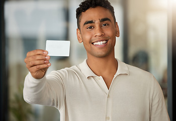 Image showing Portrait of happy man showing business card, networking and branding info for company in modern office. Business man with smile, blank white company info and professional information exchange at work