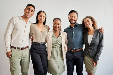 Image showing Portrait, smile and group of business people, accountants and teamwork on wall background in office. Face, accounting and team of happy employees in collaboration, cooperation or corporate solidarity