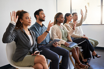 Image showing Seminar, workshop and business people in an office with questions in training at work. Happy, team and group of employees sitting in a line at an agency with a vote, volunteering or recruitment