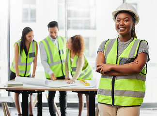 Image showing Architecture, woman portrait and arms crossed in office planning, team leadership or project management. Engineering, floor plan and happy african person, contractor or leader in building development