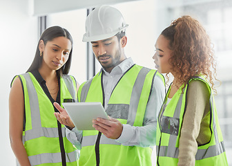 Image showing Engineering, tablet and people planning, teamwork and building development or project management. Architecture design, digital blueprint and women, leader or contractor group for paperless floor plan