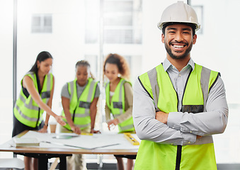 Image showing Architecture, man portrait and arms crossed in office planning, team leadership or project management. Engineering, floor plan and happy asian person, contractor or leader in construction development