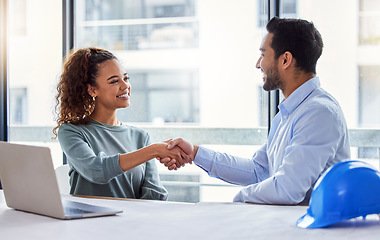 Image showing Engineering, handshake and woman with partner for construction planning, thank you and success or deal in office. B2b, onboarding and architecture meeting of contractor or happy people shaking hands