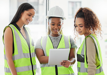 Image showing Architecture, tablet and people planning, teamwork and building development design or project management. Engineering, digital blueprint and african women or contractor group for paperless floor plan