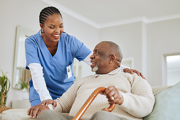 Image showing Caregiver, nurse or senior black man on a couch, retirement or help with healthcare or walking stick. Male person with a disability, patient or medical professional with support, recovery or healing