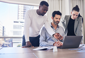 Image showing Group, business people and laptop in office for discussion, planning and strategy for finance, project and diversity. Men, woman and computer in workplace with teamwork, problem solving and solution