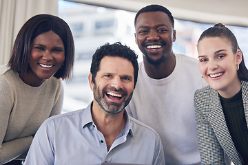 Image showing Portrait, smile and business people with teamwork, collaboration and meeting for brainstorming, project and company growth. Face, staff and group with happiness, formal and coworkers with diversity