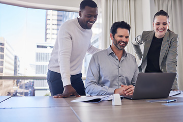 Image showing Laptop, teamwork and planning with business people in meeting for mentor, review and project management. Strategy, support and website with employees online for brainstorming, email and goal