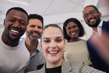 Image showing Group, business people and selfie in office portrait with smile, happiness and social media app with diversity. Men, woman and photography in workplace for teamwork, profile picture and solidarity