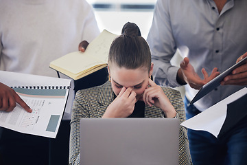 Image showing Laptop, stress and multitask with a business woman and demanding colleagues working in the office. Headache, anxiety and deadline pressure with an overwhelmed female employee at work on a computer