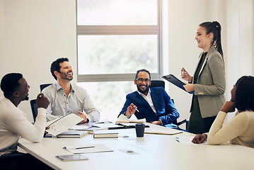 Image showing Planning, diversity and a woman in a meeting with business people for a work agenda or schedule. Laughing, training and a team of employees in office for a corporate discussion or mentoring of group