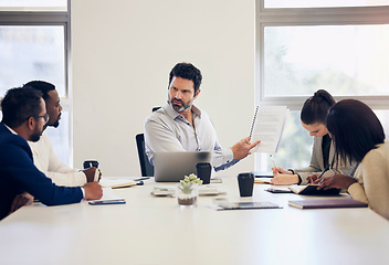 Image showing Businessman, documents and coaching in boardroom meeting for team project, planning or strategy at office. Business people, coach and training staff with paperwork or document for plan at workplace