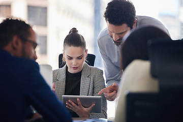 Image showing Tablet, planning and business people doing research while in discussion in a meeting in the office. Technology, professional and corporate team working on a project in collaboration in the boardroom.