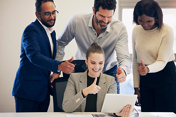 Image showing Business people, tablet and video call with thumbs up for winning, promotion or team approval at office. Group of happy employees on technology in virtual meeting with thumb emoji, yes sign or like