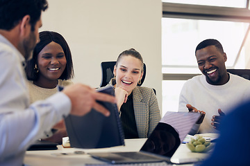 Image showing Staff, business people and group in a meeting, funny or startup success with teamwork, collaboration or partnership. Coworkers, team or men with women, technology or paperwork with feedback and smile