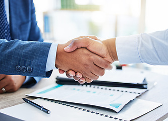 Image showing Agreement, businessmen with handshake and with contract in office at workplace. Business meeting or interview, thank you or crm and people partnership or onboarding shaking hands in a boardroom