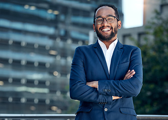 Image showing Portrait, man and accountant with arms crossed in city for business career. Face, glasses and happy male professional, entrepreneur or auditor from India with confidence, pride or success mindset.