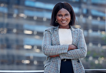 Image showing Attorney portrait, black woman and arms crossed in city for business, career or job. Face, smile and female professional, entrepreneur and lawyer from South Africa with confidence and success mindset