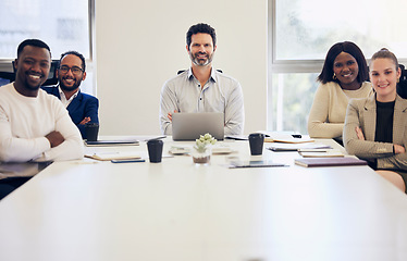 Image showing Business people, portrait and meeting for teamwork, planning or brainstorming together at the office. Happy group of employee workers with smile for team project, strategy or discussion in boardroom