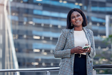 Image showing Portrait, business phone and black woman in city, urban street or outdoor. Face, smartphone and female professional, entrepreneur or person from South Africa on mobile app, social media and happy.
