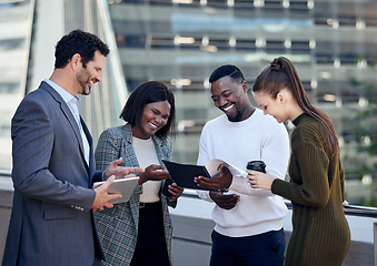 Image showing Business people, staff and team with a report, feedback and happiness for approval, agreement and startup success. Group, men or women outdoor, documents and paperwork with teamwork and collaboration