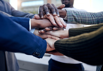 Image showing People, hands and team together in celebration, collaboration and solidarity in business. Hand, group and support in company, community or celebrate success in professional unity, staff or workforce