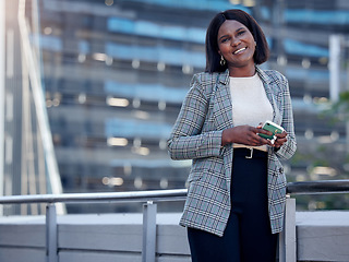 Image showing Lawyer portrait, phone and black woman in city, urban or outdoor balcony. Face, smartphone and happy female professional, entrepreneur or attorney from South Africa with success mindset for business.