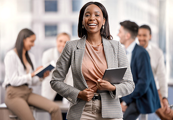 Image showing Black woman, business leader and tablet outdoor with a smile for communication, networking and research. Portrait of female entrepreneur in city with tech, team and network connection for management