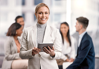 Image showing Leader, business woman and tablet outdoor with a smile for communication, networking and research. Portrait of female entrepreneur in city with tech, team and network connection for management