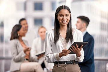 Image showing Happy woman, leader and tablet outdoor for business with a smile for communication, networking and research. Portrait of female entrepreneur with tech, team and network connection for management