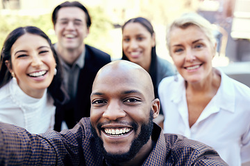 Image showing Portrait, selfie and group of business people in city for team building together. Smile, face and employees or friends take photo outdoor for social media, teamwork profile picture or happy memory.