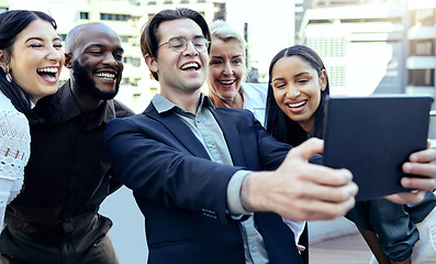 Image showing Tablet, selfie and happy business people in city for team building or having fun. Group smile, technology and employees take photo outdoor for social media, profile picture or friends memory online.