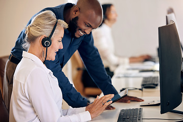 Image showing Call center, tablet and manager with a woman for customer service, crm or telemarketing training. Consultant or agent talking to a team leader man with tech for sales, contact us or help desk support