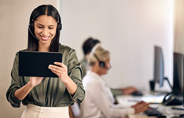 Image showing Call center, woman and manager with a tablet, telemarketing and connection with digital planning, schedule for staff and typing. Female person, client service or supervisor with tech and tech support