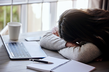 Image showing Tired, remote work and a student sleeping at a desk with exam burnout, project and education stress. Study, busy and a female student with sleep after getting ready for a school course and learning