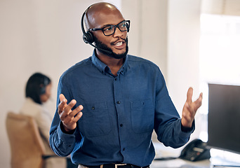 Image showing Call center, talking and black man with headset for customer service, crm or telemarketing support. African person, consultant or agent talk on microphone for sales, contact us or help desk advice