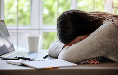 Image showing Tired, planning and a woman sleeping at a desk with exam burnout, project and education stress. Home, busy and a female student with sleep after getting ready for a school course and learning