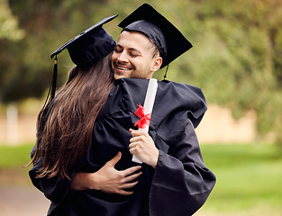 Image showing Graduation, success and friends hugging outdoor on university campus at a celebration event. Education, certificate and hug with happy scholarship students cheering together as college graduates